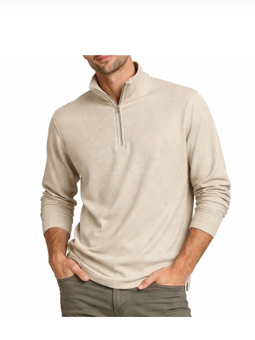 Men's Zip-Neck Ribbed Sweater in Light Beige - Picture 13 of 13